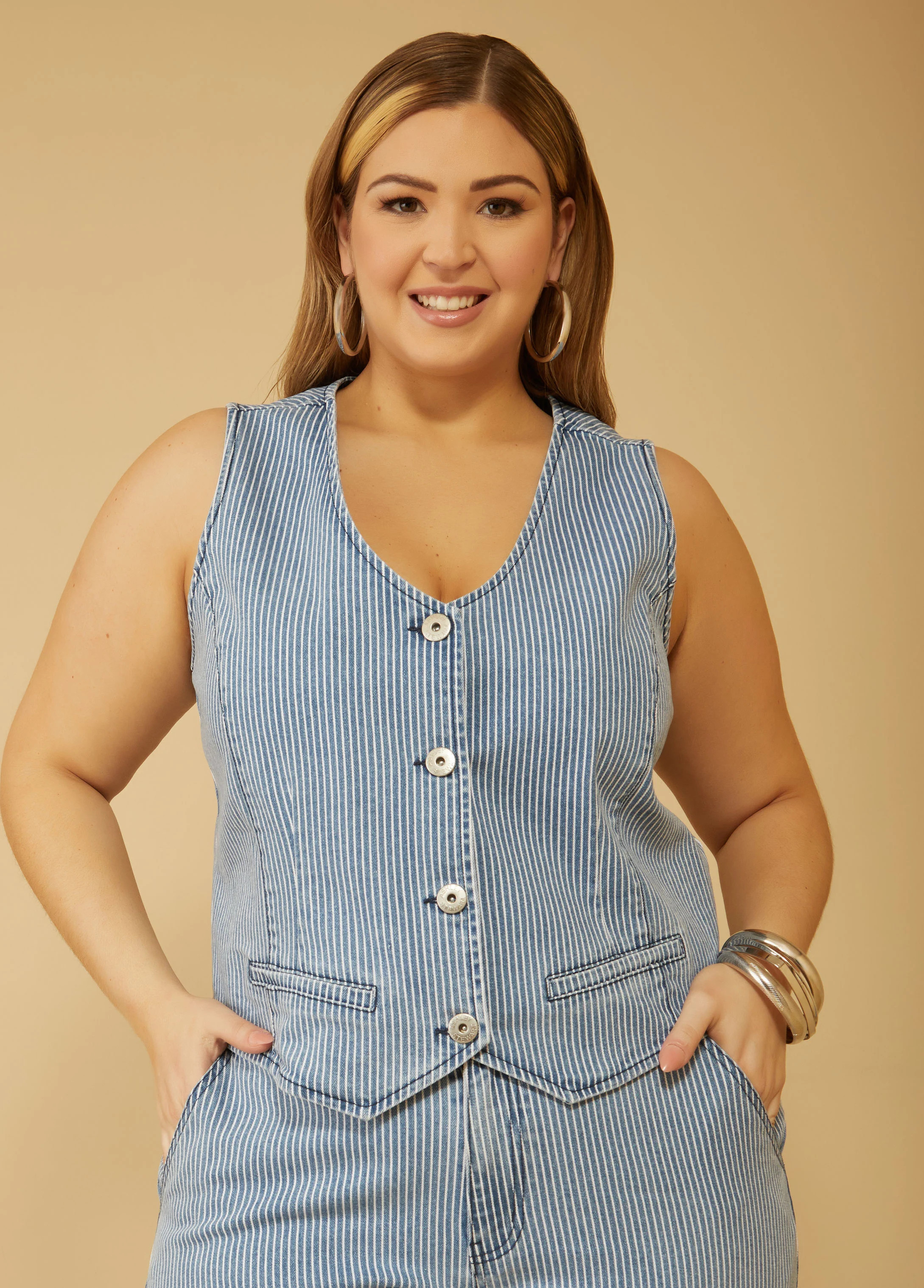 Plus Size Pinstriped Denim Vest, PURPLE, 30/32 - Ashley Stewart | Ashley Stewart