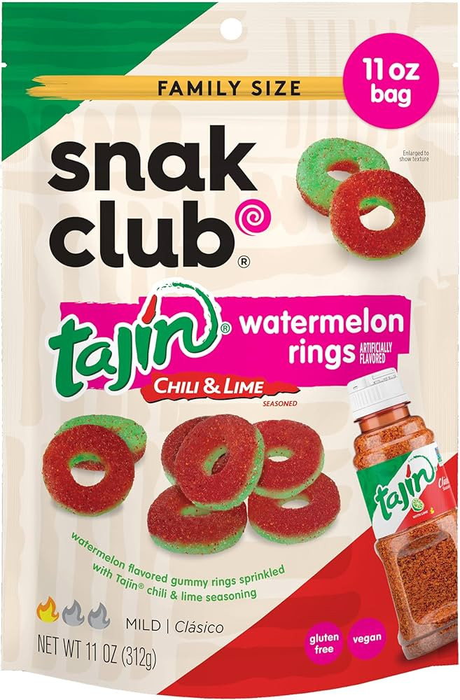 Snak Club Watermelon Rings, Tajin Chili & Lime Seasoned, Sweet and Spicy Gummy Candy, Mild in Hea... | Amazon (US)