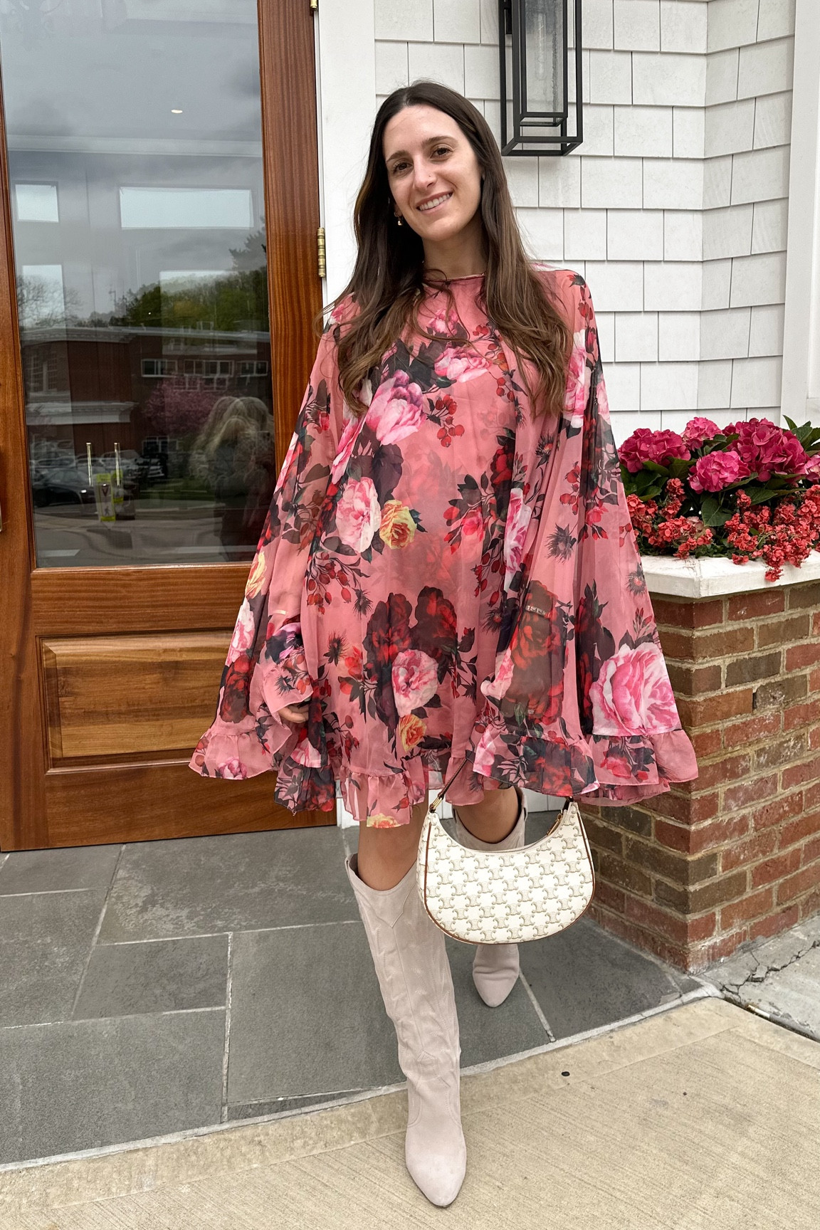 floral print high neck ruffle hem cape mini dress VS High-Neck Ruffle Mini Dress