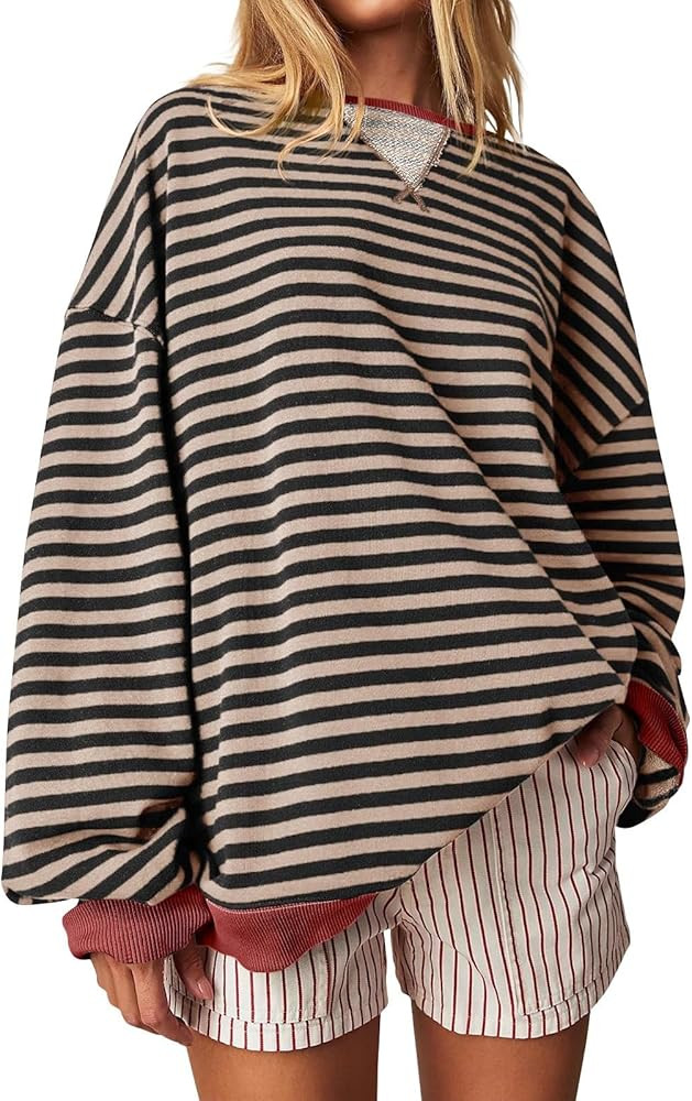 Women Striped Oversized Sweatshirt Color Block Crew Neck Long Sleeve Shirt Casual Loose Pullover ... | Amazon (US)