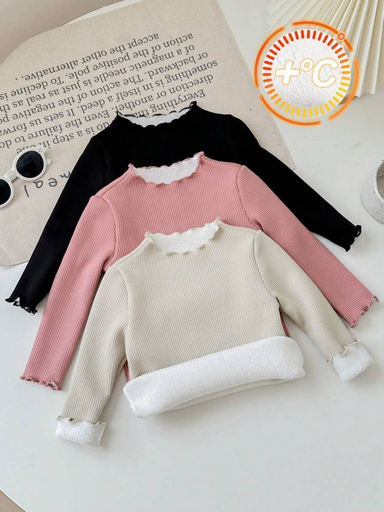 SHEIN LMoss Kids LMoss Young Girl The Cheapest Young Girl Buy 1 Get 2Free ,3pcs Young Girls Solid Color Mock Neck Fitted Warm Casual T-Shirts Set,Autumn/Winter,Great For Casual & Daily Wear & School Daily,College Style | SHEIN