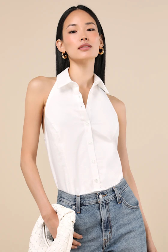 Aeres White Button-Front Collared Halter Bodysuit | Lulus