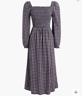 J. Crew Flannel squareneck smocked midi dress Size S blue red | eBay US