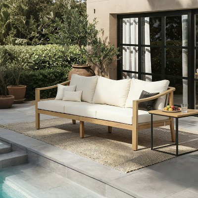 Christopher Knight Home Kojo Modern 78" Outdoor Acacia Wood Club Chair with Cushion and Sloped Armrests, Light Teak/Cream | Target