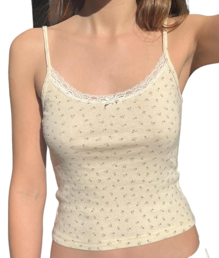 Women Y2k Floral Print Camisole Fairy Cute Lace Trim Spaghetti Strap Crop Top Vintage Summer Vest... | Amazon (US)