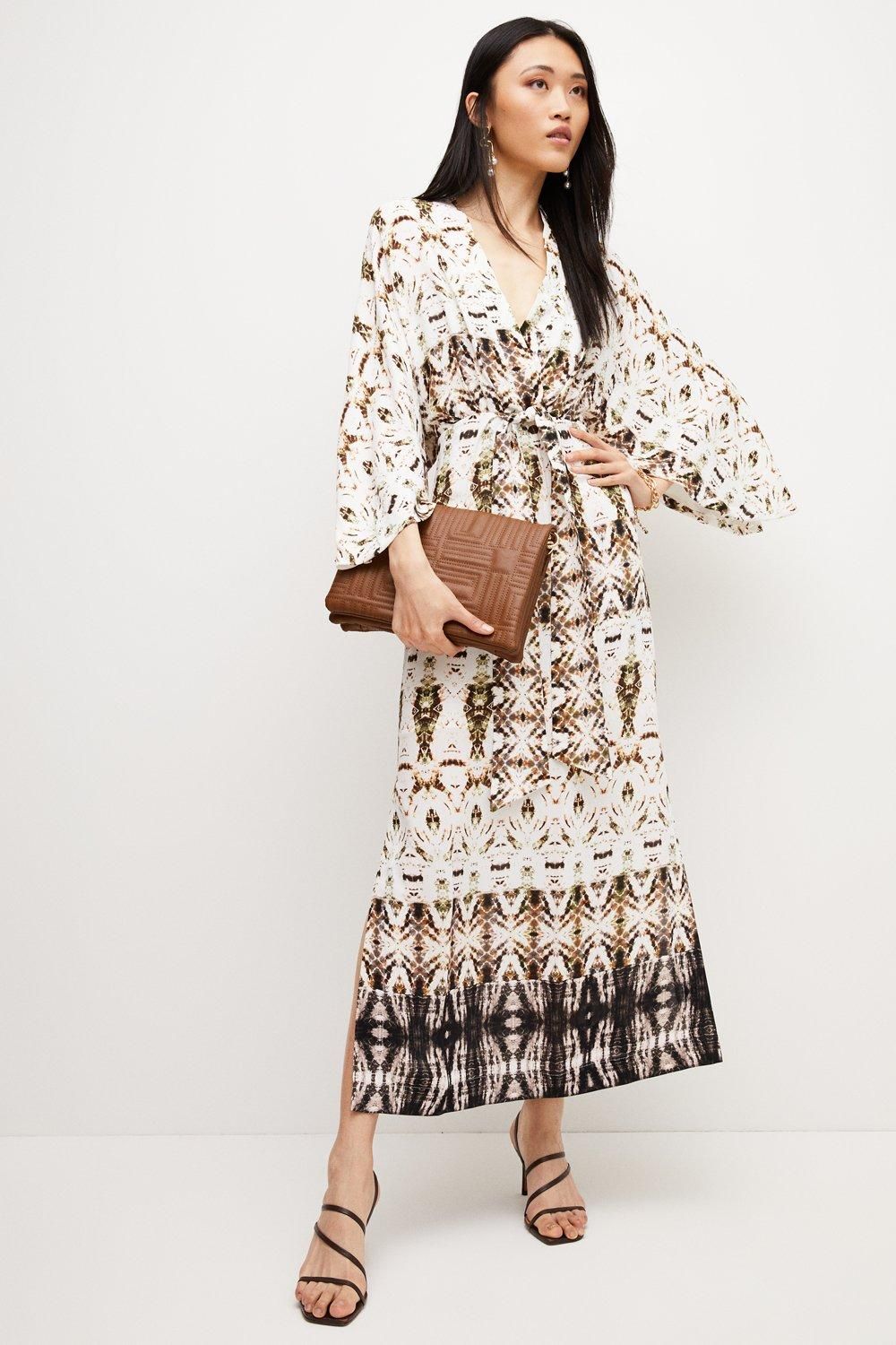 Ombre Tile Viscose Crepe Kimono Maxi Dress | Karen Millen UK & IE
