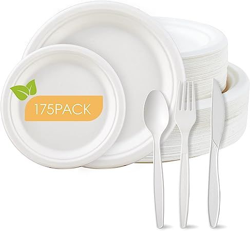 ECOLipak 175 Pack Compostable Paper Plates Set, Heavy Duty Biodegradable Sugarcane Plates Set & E... | Amazon (US)