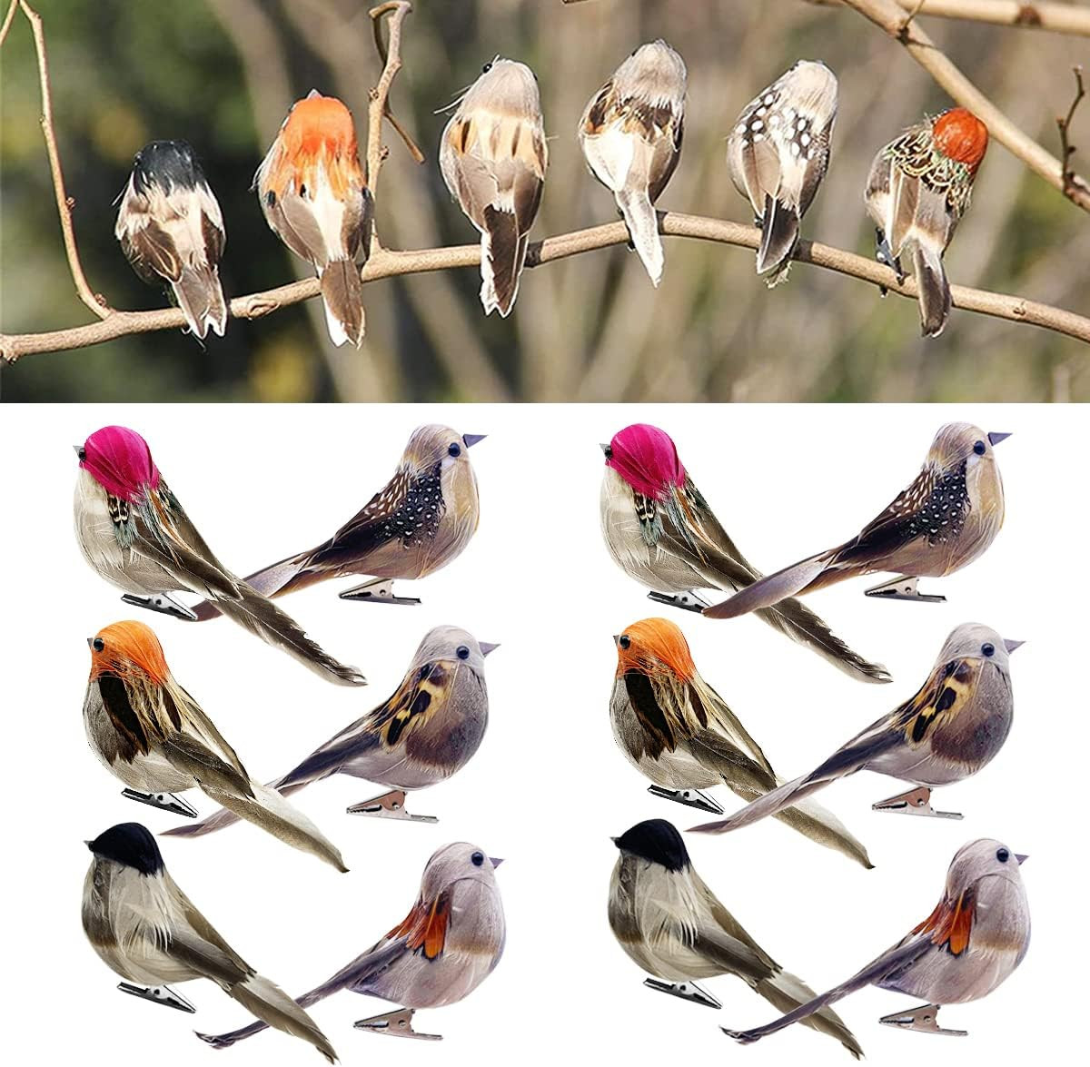 12pcs Artificial Birds Clip on Birds Christmas Tree Decoration Artificial Sparrow Realistic Birds Fake Birds Faux Birds Feather Birds Foam Birds for Yard Patio Wreath Designs Garden Decor | Amazon (US)