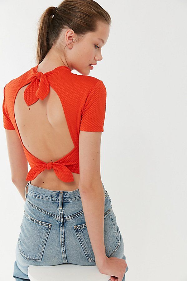 UO Audrey Mock Neck Tie-Back Cropped Top - Red Xs at Urban Outfitters | Urban Outfitters (US and RoW)