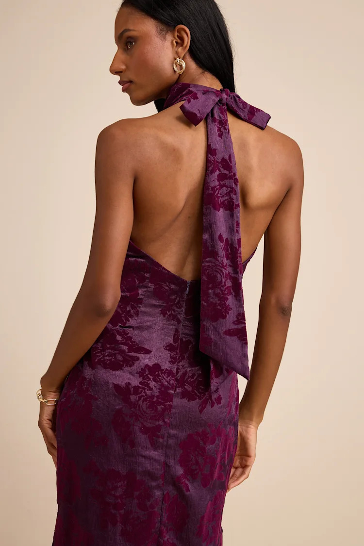 Kyliana Plum Purple Satin Burnout Velvet Halter Maxi Dress | Lulus