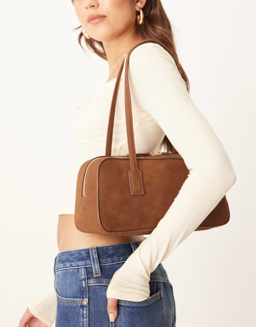 ASOS DESIGN textured leather elongated bowler bag in tan-Brown | ASOS (Global)