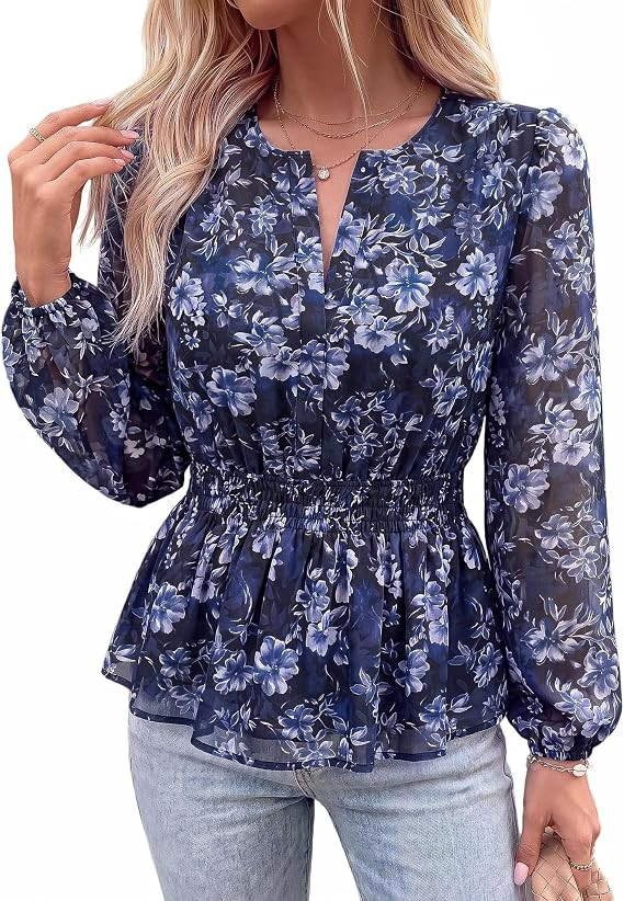 BTFBM Womens Tops Dressy Casual Floral V Neck Long Sleeve Chiffon Shirts | Chiffon Lantern Sleeve... | Amazon (US)