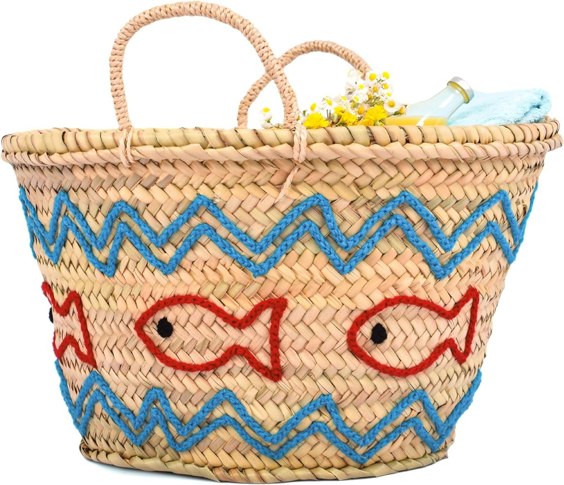 Handwoven Straw Beach Bag with Fish Motif - Ocean Tote for Women, Summer Vacation Picnic Basket | Amazon (US)