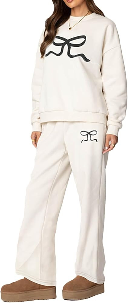 lisenraIn Women Cute 2 Piece Sweatsuit Bow Sweatshirt and Sweatpants Set Spring Fall Casual Y2K L... | Amazon (US)
