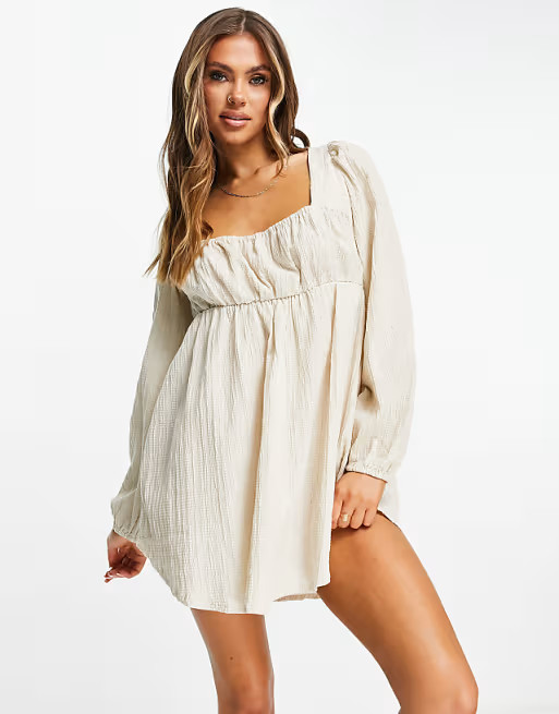 ASOS DESIGN square neck milkmaid beach cover up in oatmeal | ASOS | ASOS (Global)
