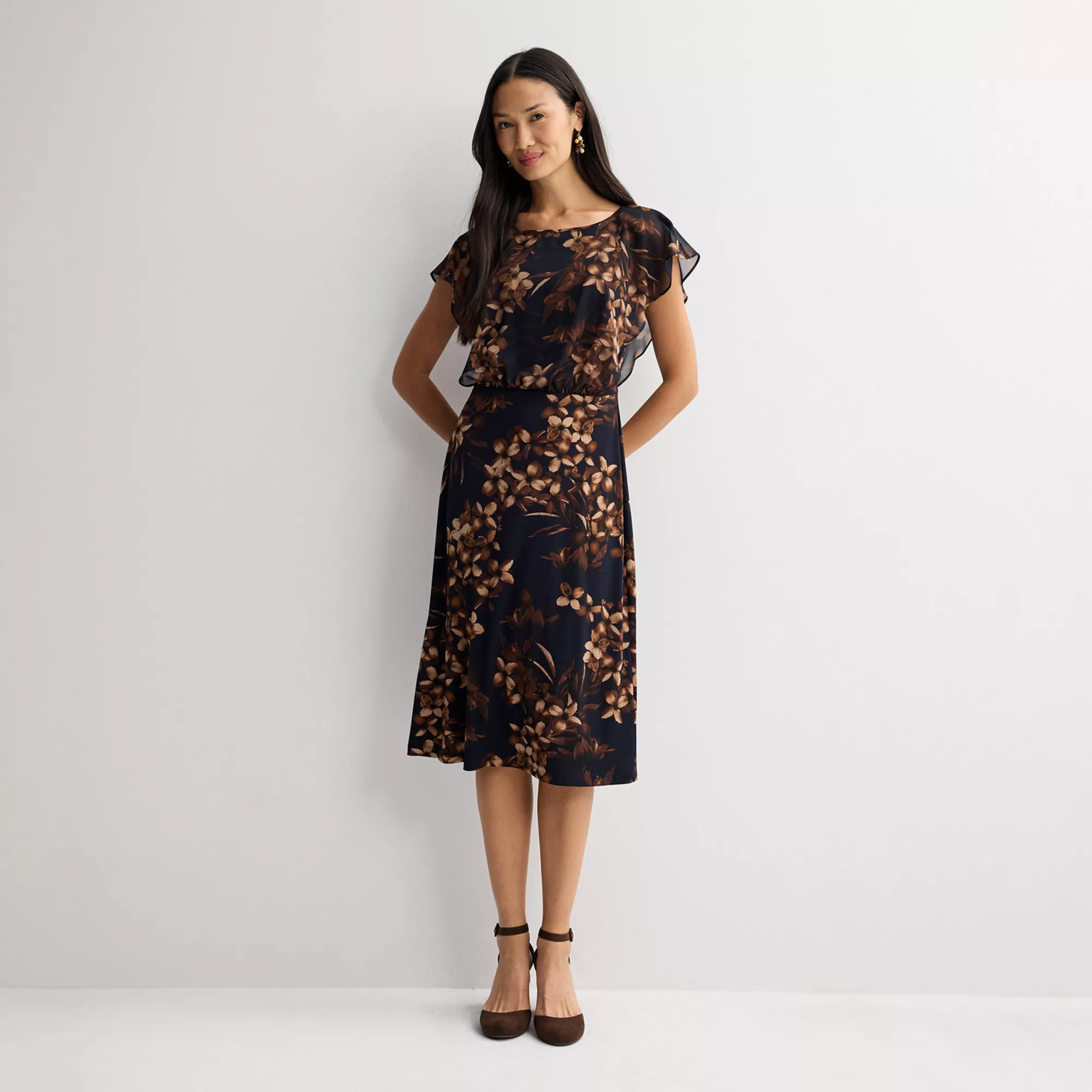 Petite Studio Connection Printed Cap Sleeve with Chiffon Overlay Dress, Women's, Size: XXL Petite, Navy Brown | Kohl's