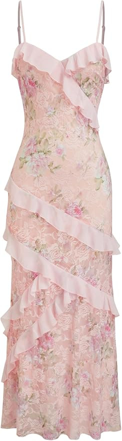 CIDER Maxi Dress Floral Lace V-Neck Ruffle Slim Fit Lined Wedding Party Date Elegant Dress | Amazon (US)