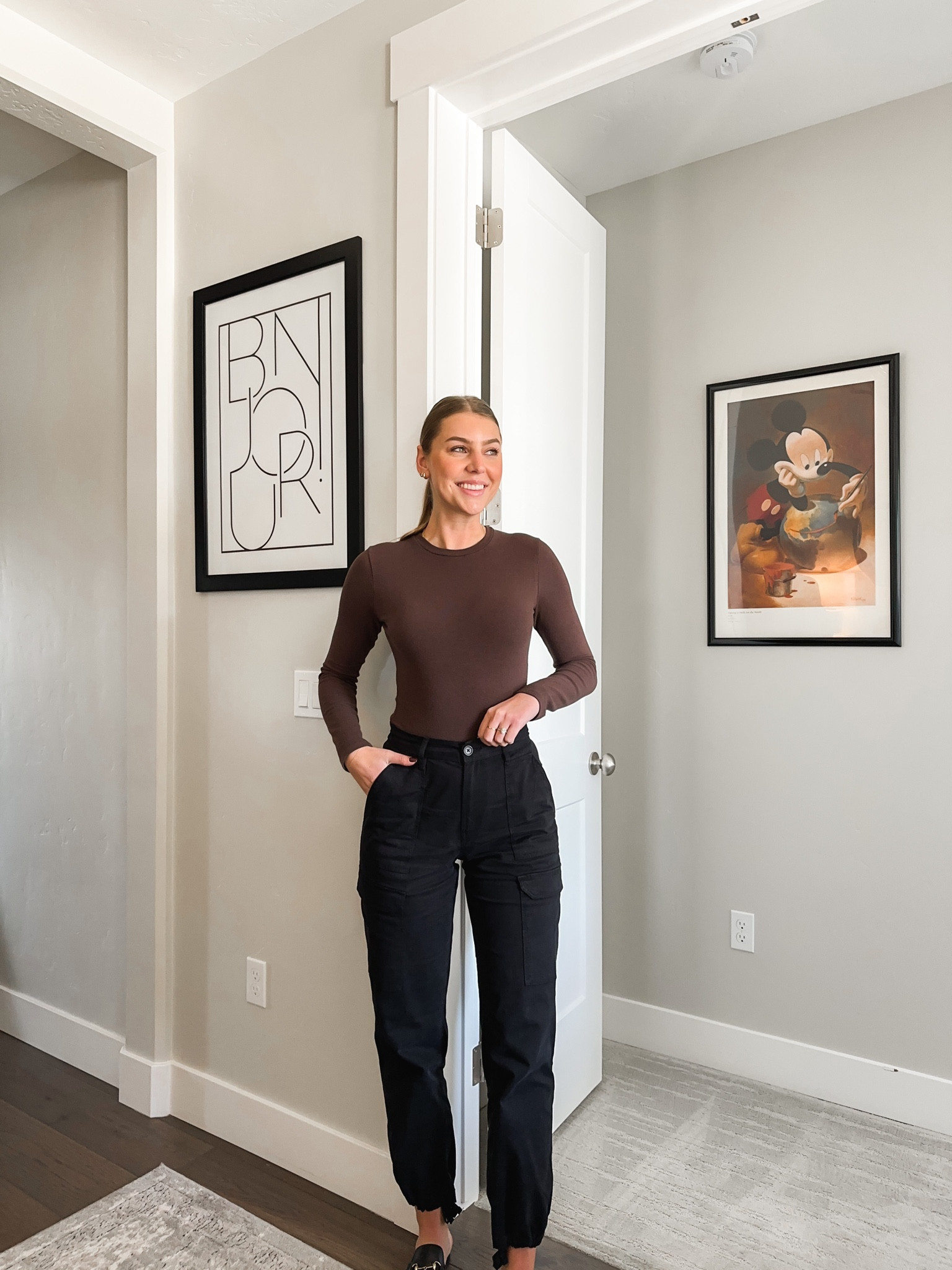 Brown bodysuit (I sized up 1), black cargo pants, cargo joggers, Gucci mules, fall outfit 

#LTKunder50 #LTKworkwear