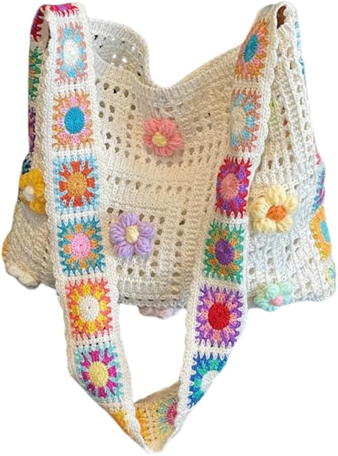 Crochet Knit Boho Shoulder Bag for women, Hollow Out Embroidery Crossbody Bag Tote Handbag for tr... | Amazon (US)