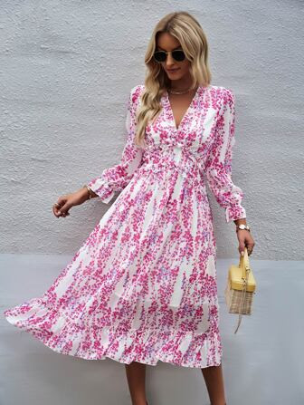 SHEIN VCAY Ditsy Floral Frill Trim Flounce Sleeve Ruffle Hem Dress | SHEIN