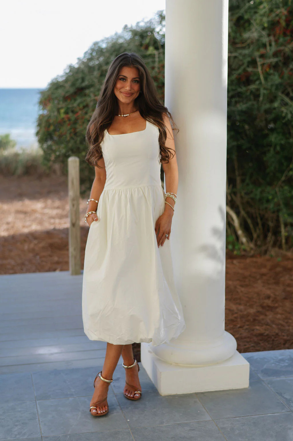 Spring Square Neck Midi Dress-Cream | These Three