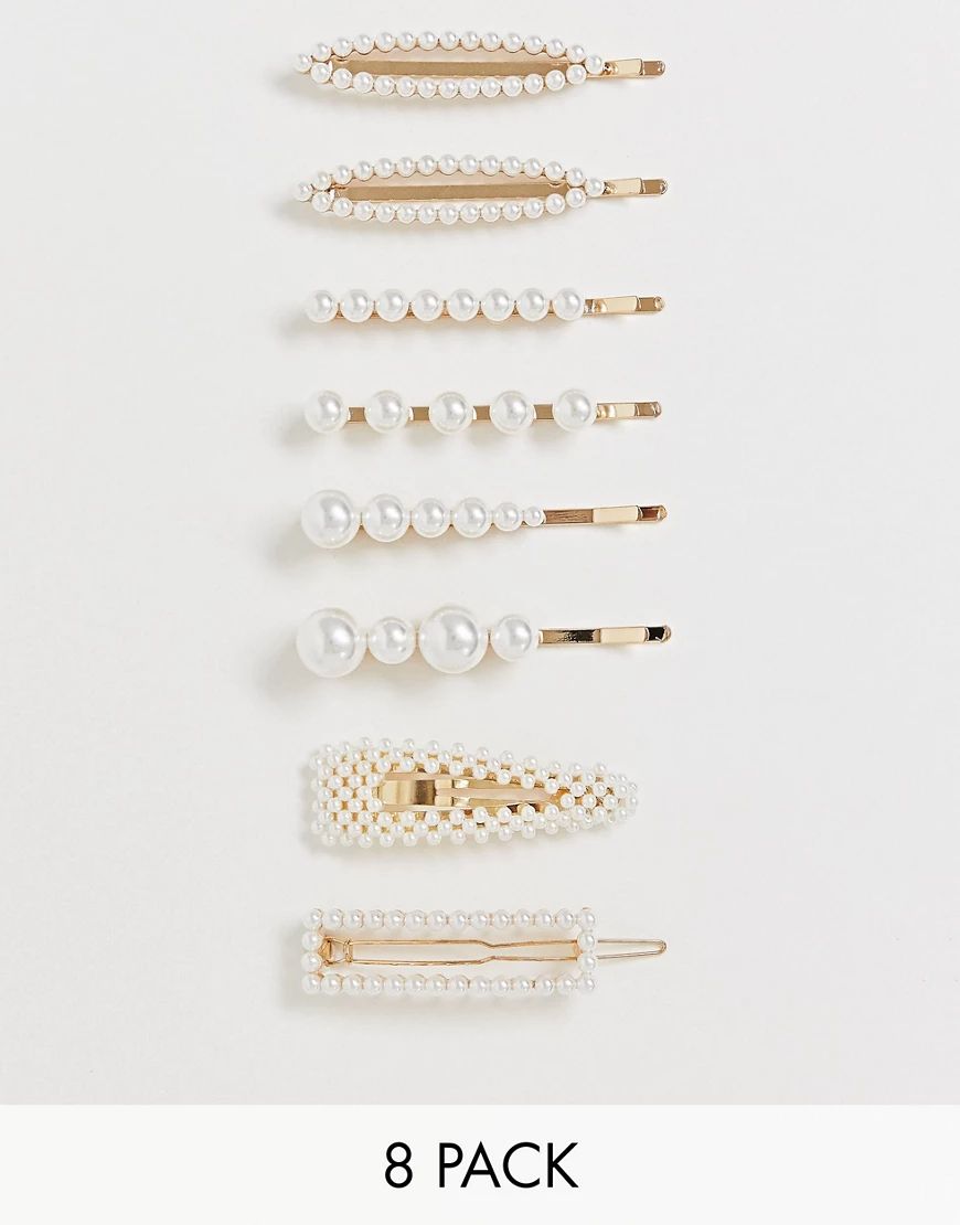 ASOS DESIGN pack of 8 hair clips in mixed shape design with pearls-Cream | ASOS (Global)