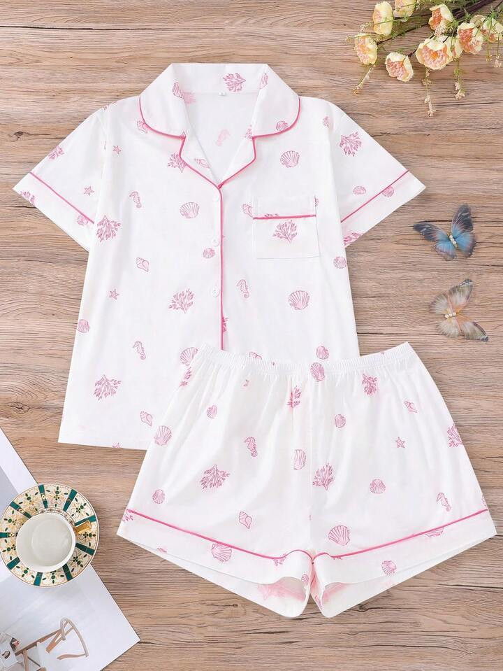 2pcs Set Cute Seahorse & Shell Print Women Loungewear Pajama Set, Short Sleeve V-Neck Cardigan Top And Loose Elastic Shorts, Casual Ladies Sleepwear & Homewear For All Seasons | SHEIN