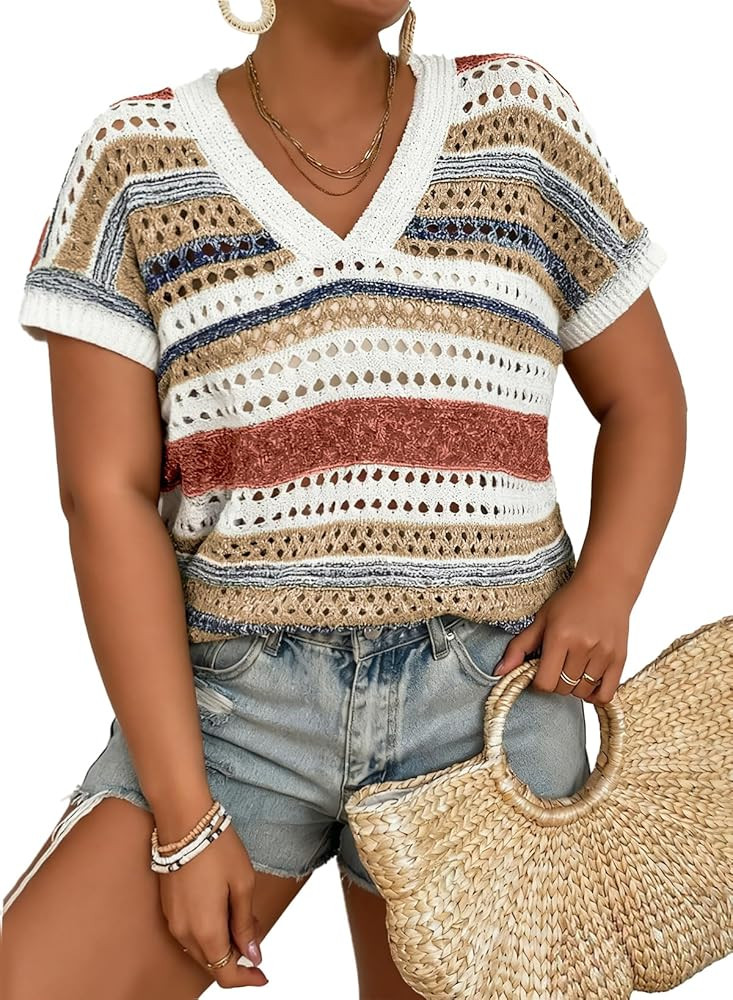 Eytino Plus Size Tops for Women Striped V Neck Short Sleeve Hollow Out Crochet Knit Sweater 2026 ... | Amazon (US)
