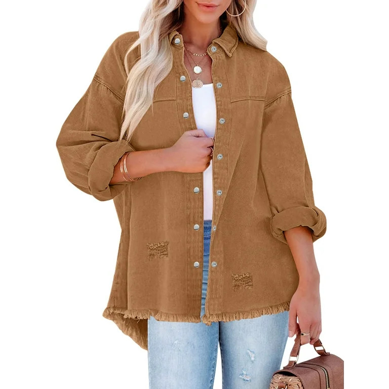 luvamia Women’s Denim Jacket Button Up Frayed Hem Shacket Long Sleeve Jean Jacket for Women Fas... | Walmart (US)