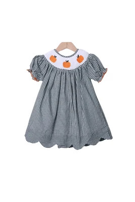 Smocked Pumpkin Green Gingham Seersucker Dress | The Smocked Flamingo