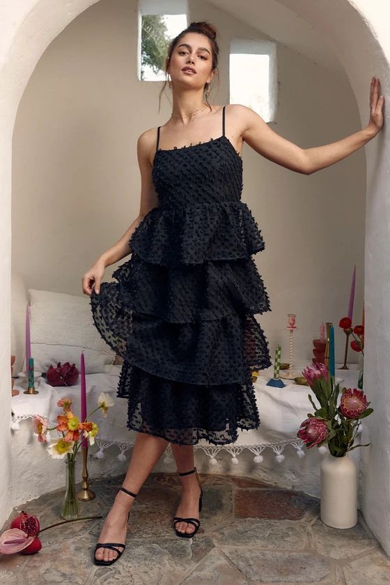 Flirting with You Black Tiered Pom Pom Midi Dress | Lulus (US)