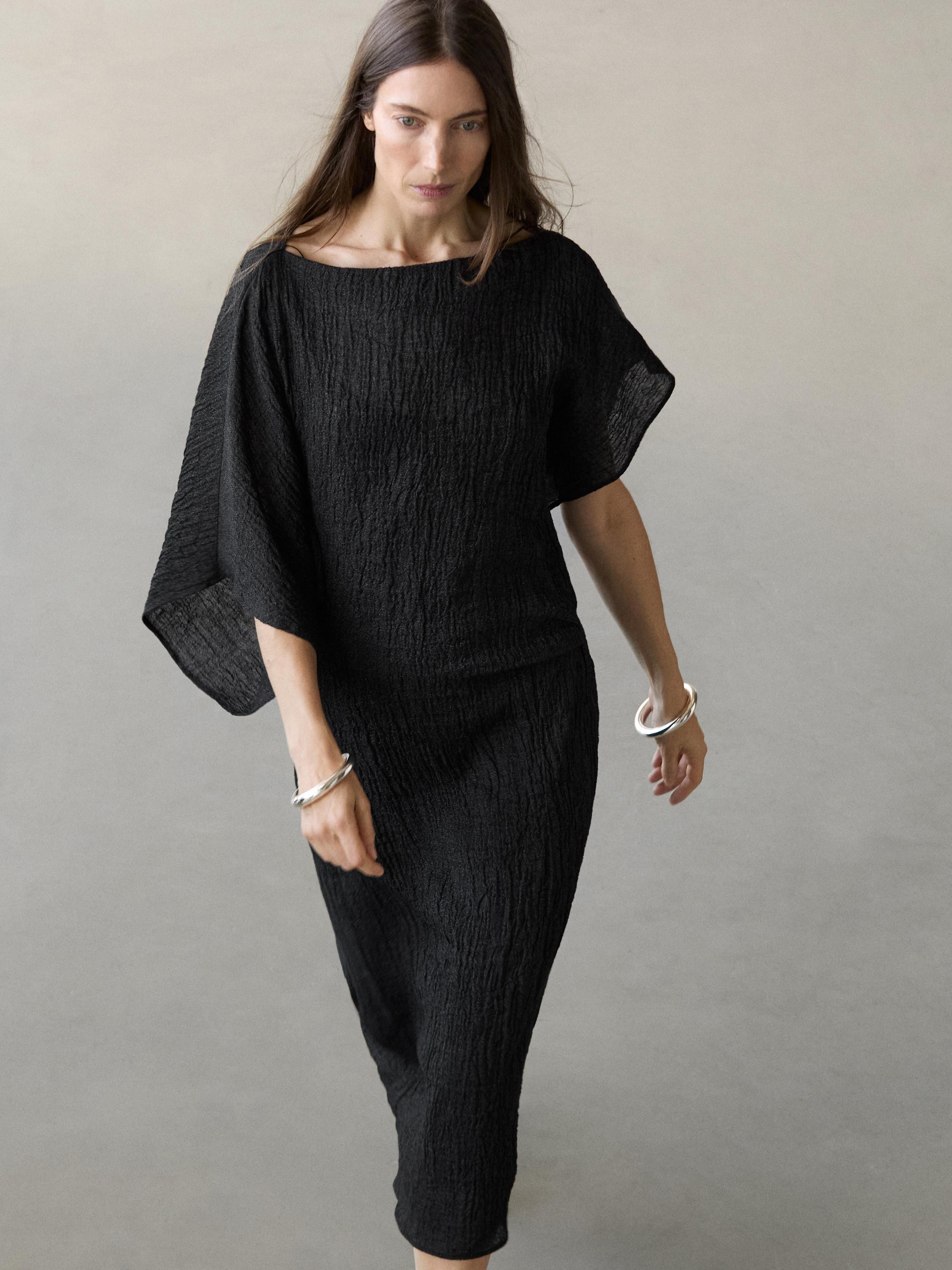 Linen midi dress with asymmetric sleeves | Massimo Dutti UK