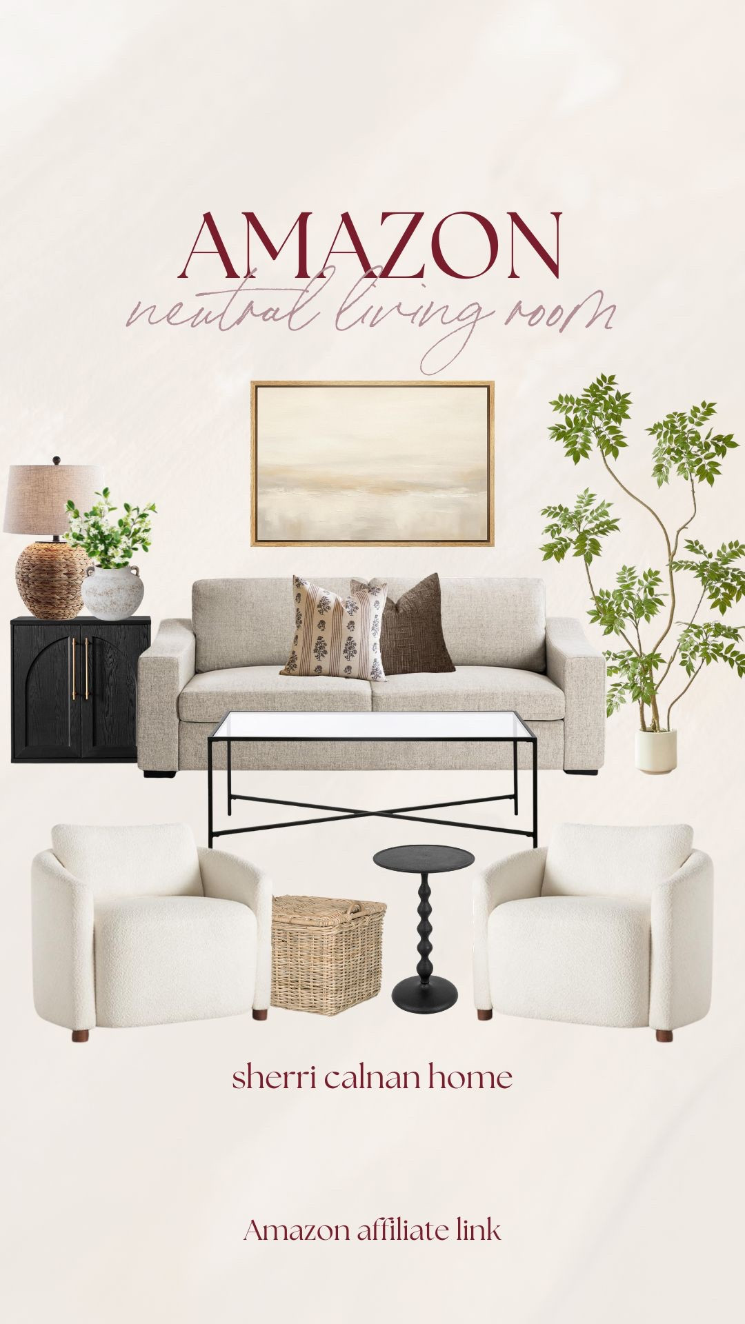 Amazon neutral living room finds featuring boucle accent chairs, modern black coffee table, textured throw pillows, framed wall art, woven table lamp, and faux indoor tree for a calm layered space.


Amazon living room decor, neutral living room ideas, boucle accent chair, black metal coffee table, textured throw pillows, framed neutral artwork, woven table lamp, faux indoor tree, modern traditional home, affordable designer look, sherricalnanhome

#LTKHome #LTKSeasonal