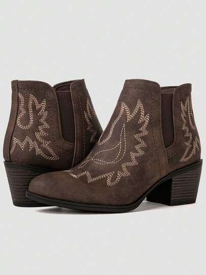 GLOBALWIN Women's Black Cowboy Boots Western Style Comfortable Pull On Short Ankle Cowgirl Boots Low Heel Fall Boots Halloween Season | SHEIN