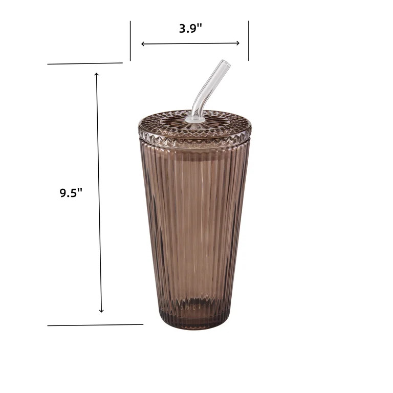 Better Homes & Gardens 21 oz Brown Ribbed Tumbler with Glass Lid and Straw | Walmart (US)