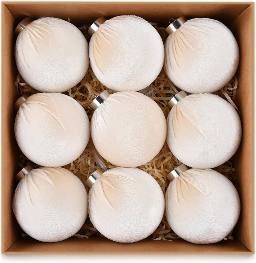 Velvet Ornaments for Christmas Tree Decorations - Beige Xmas Ball Ornament for Indoor Holiday Dec... | Amazon (US)