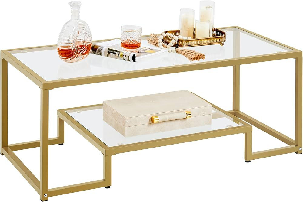 Yaheetech Gold Coffee Table, 42" Rectangular Glass Coffee Table for Living Room, 2-Tier Center Te... | Amazon (US)