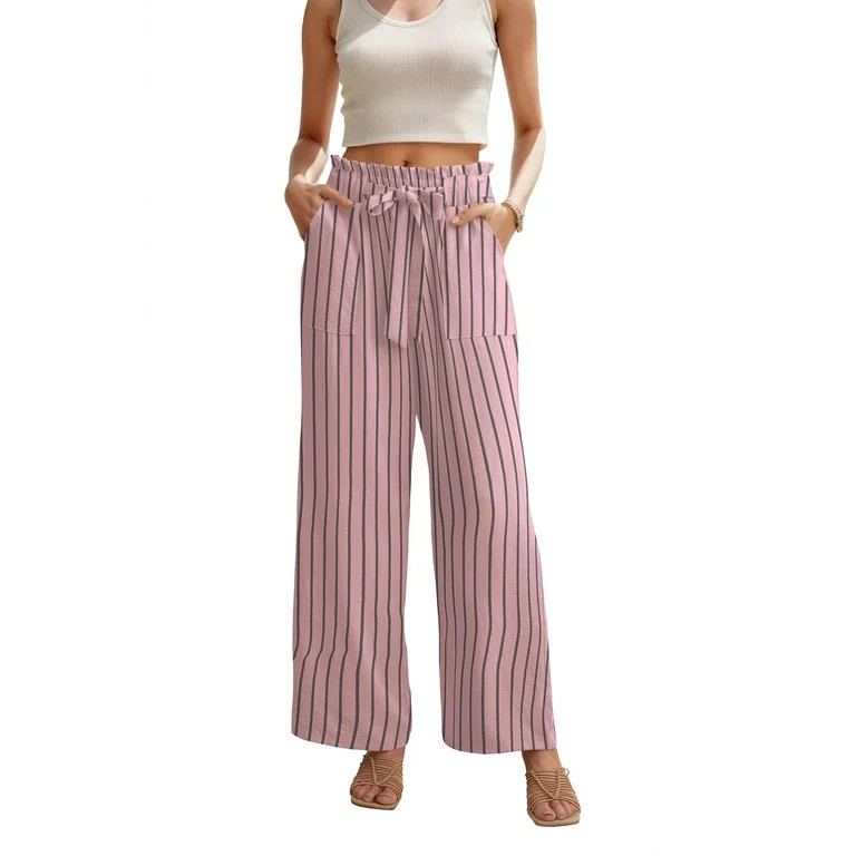 JWD Women's Wide Leg Pants With Pockets High Waist Adjustable Knot Loose Casual Trousers Business... | Walmart (US)