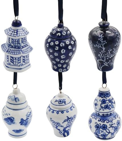 6PC Chinoiserie Ornaments - Blue and White Porcelain Hanging Ornaments - Ceramic Christmas Tree O... | Amazon (US)