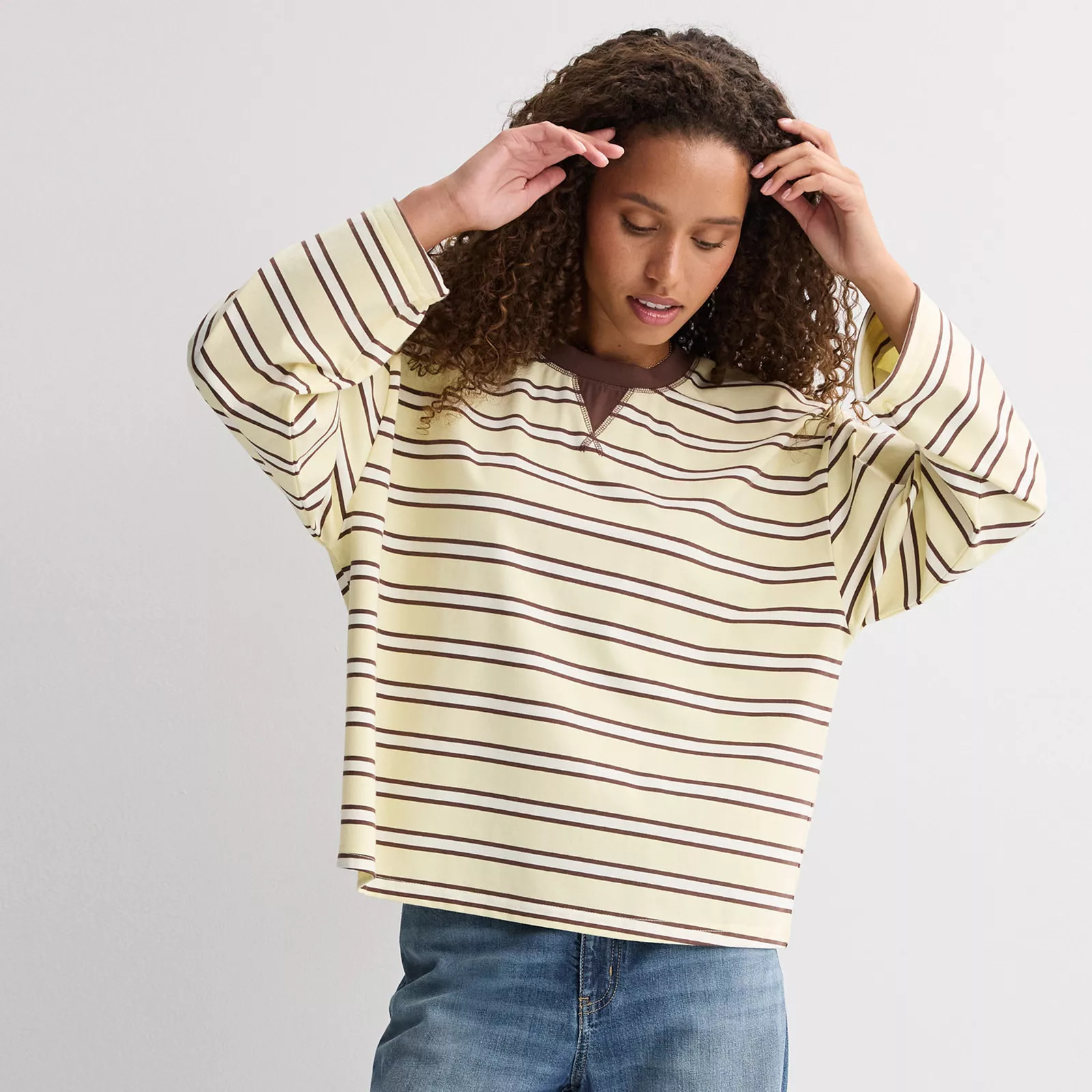 Juniors' Pink Republic Oversized Stripe Long Sleeve Top, Girl's, Size: Large, Blue Brown Stripe | Kohl's