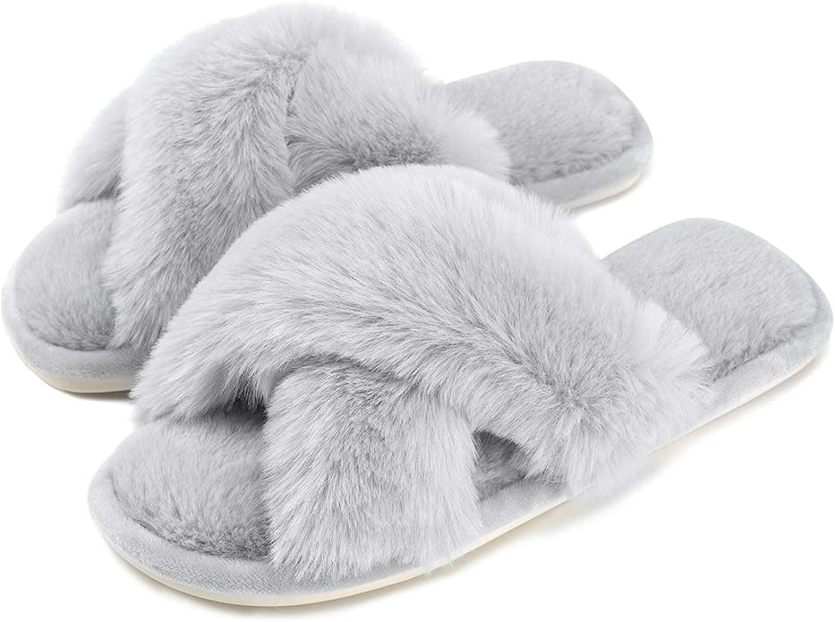 Cozyfurry Women's Fuzzy Slippers Cross Band Soft Plush Cozy House Shoes Furry Open Toe Indoor or ... | Amazon (US)