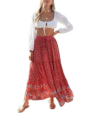 ZESICA Women's 2024 Summer Bohemian Floral Printed Elastic Waist A Line Maxi Skirt with Pockets | Amazon (US)