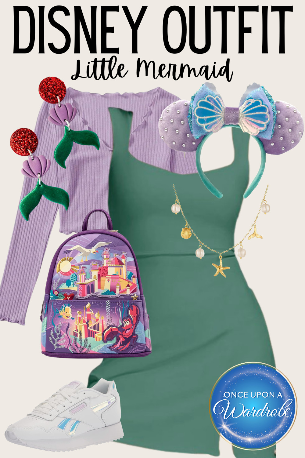 This Little Mermaid outfit is perfect for a Disney park day when you want something themed but still super wearable. The green dress keeps things simple and breathable for the heat, and the lavender cardigan adds just enough contrast (and is easy to throw on for cooler moments).

The details are what make this one—mermaid tail earrings, shell-inspired Minnie ears, and delicate ocean jewelry that ties everything together without feeling overdone. The Loungefly backpack adds color and function, and sneakers keep it comfortable for walking all day.

If you’re planning Disney outfit ideas and want something that leans into the theme without feeling costume-y, this one checks all the boxes. 

 #LTKootd #LTKmomlife #LTKTravel