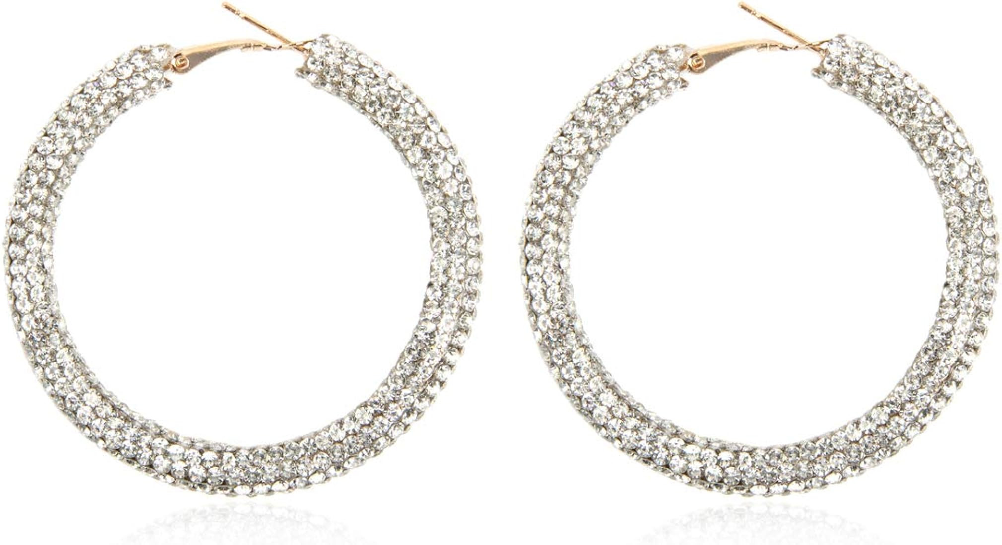 Sparkly Cubic Jewel Geometric Statement Hoop Earrings - Bling Crystal Rhinestone Glitter Hexagon ... | Amazon (US)