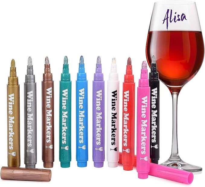 Wine Glass Markers, Pack of 10 By Vaci + Stencils + Glass Lables, Metallic Color Pens Drink Marke... | Amazon (US)