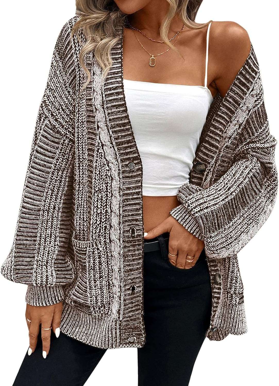 Pink Queen Women's Oversized Cardigan Sweater Open Front Cable Knit Coat | Long Sleeve,Button Down,Functional Pockets,Multicolor Stripes,Casual Loose Fit,Fall Winter,Daily Work Outwear | Amazon (US)