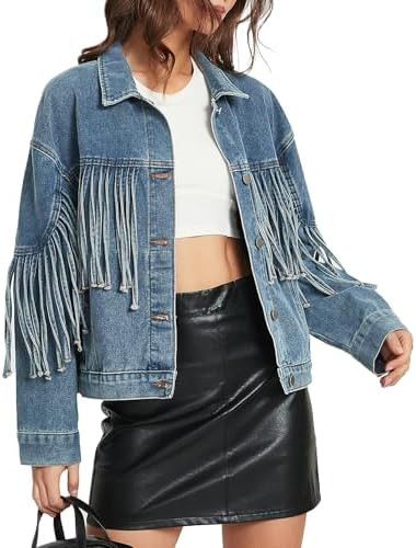 Ladyful Women's Oversized Fringed Denim Jacket Tassel Long Sleeve Jean Jacket 2026 Western Countr... | Amazon (US)