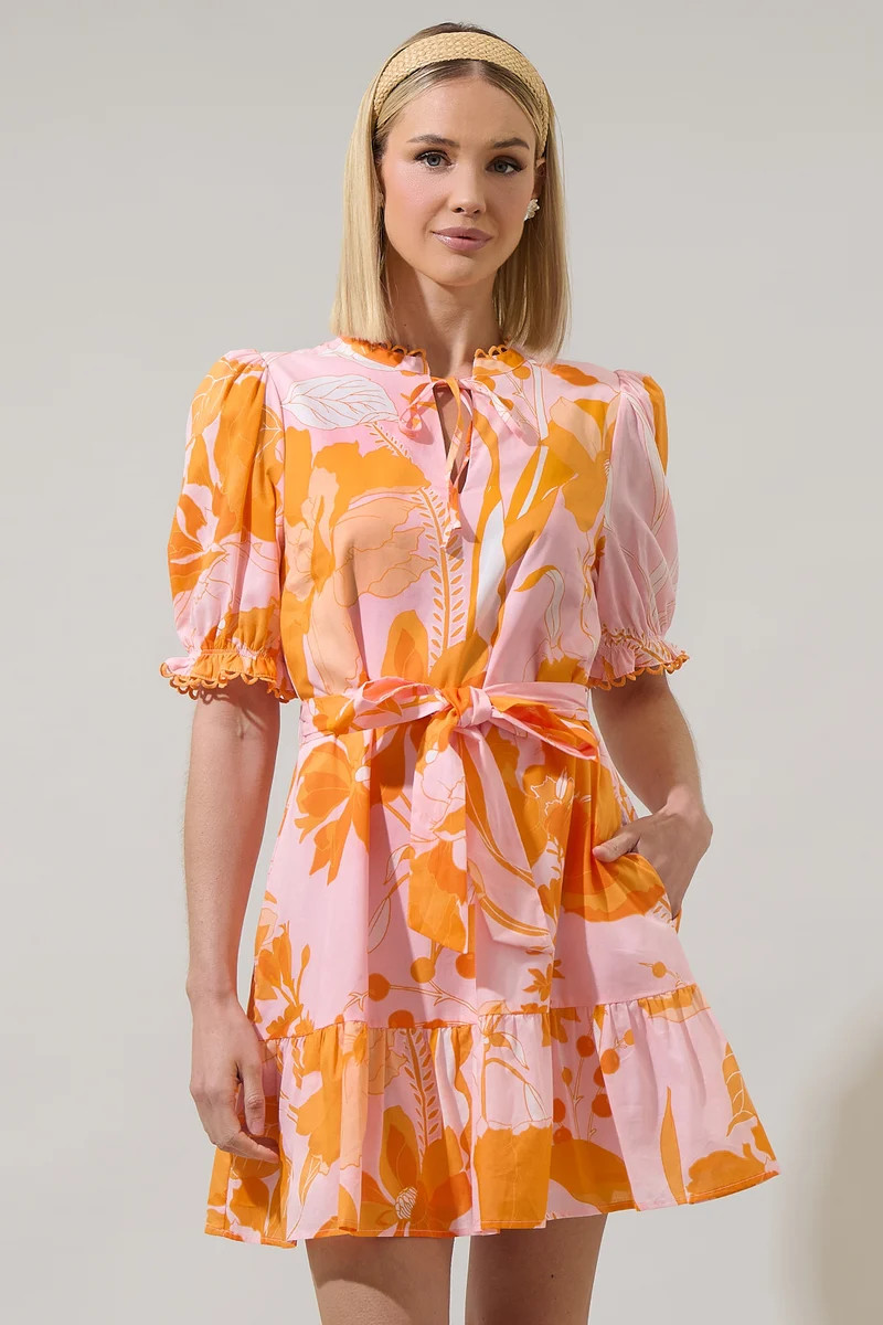 Lenira Floral Negin Split Neck Mini Dress | Sugarlips