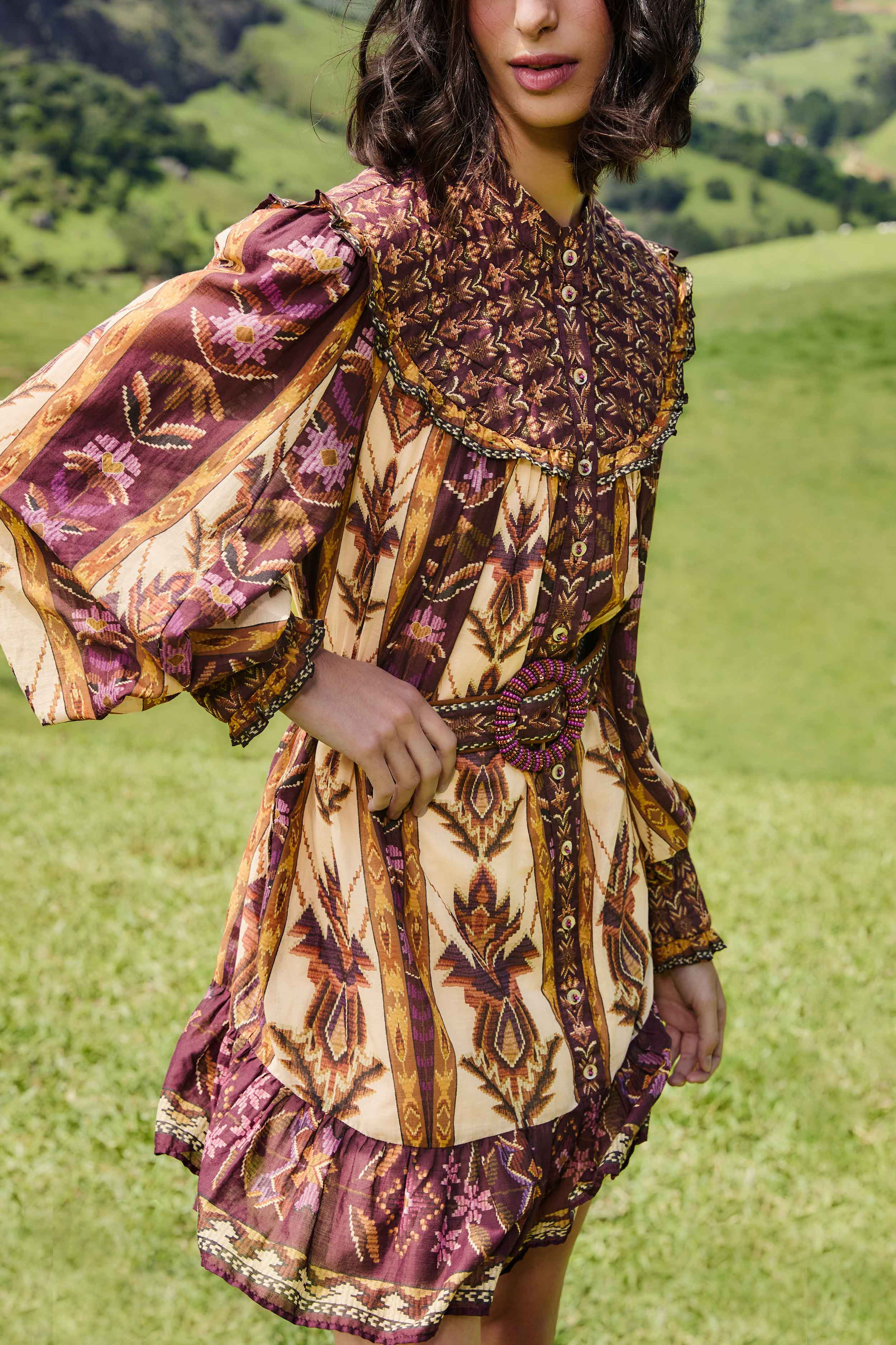 Sand Embroidered Tapestry Long Sleeve Mini Dress | FARM Rio | FarmRio (US)