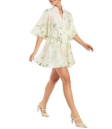 Mestiza New York Carmen Pastel Floral Print Mandarin Collar 34 Full Sleeve Bow Tie Mini A-Line Dress - 6 | Dillard's